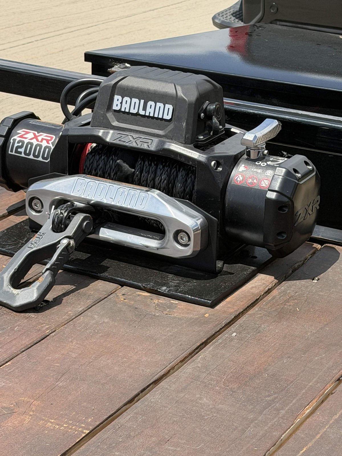 Badland ZXR 12000 winch mounted on trailer deck