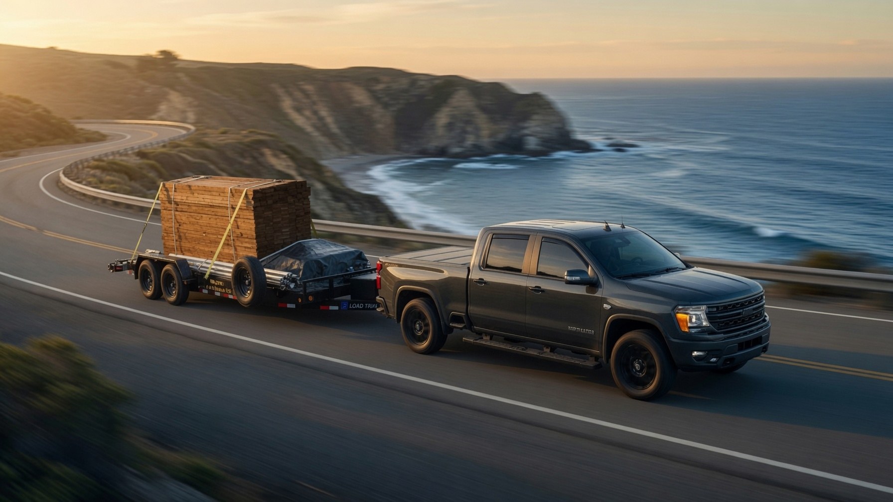Pickup truck towing a dual-axle trailer loaded with lumber along a scenic highway at sunset