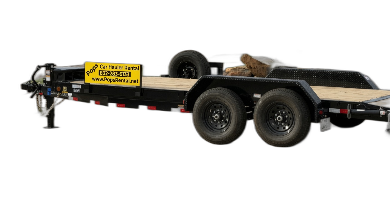 Pop's Trailer Rental car hauler with yellow Pop's Car Hauler Rental sign